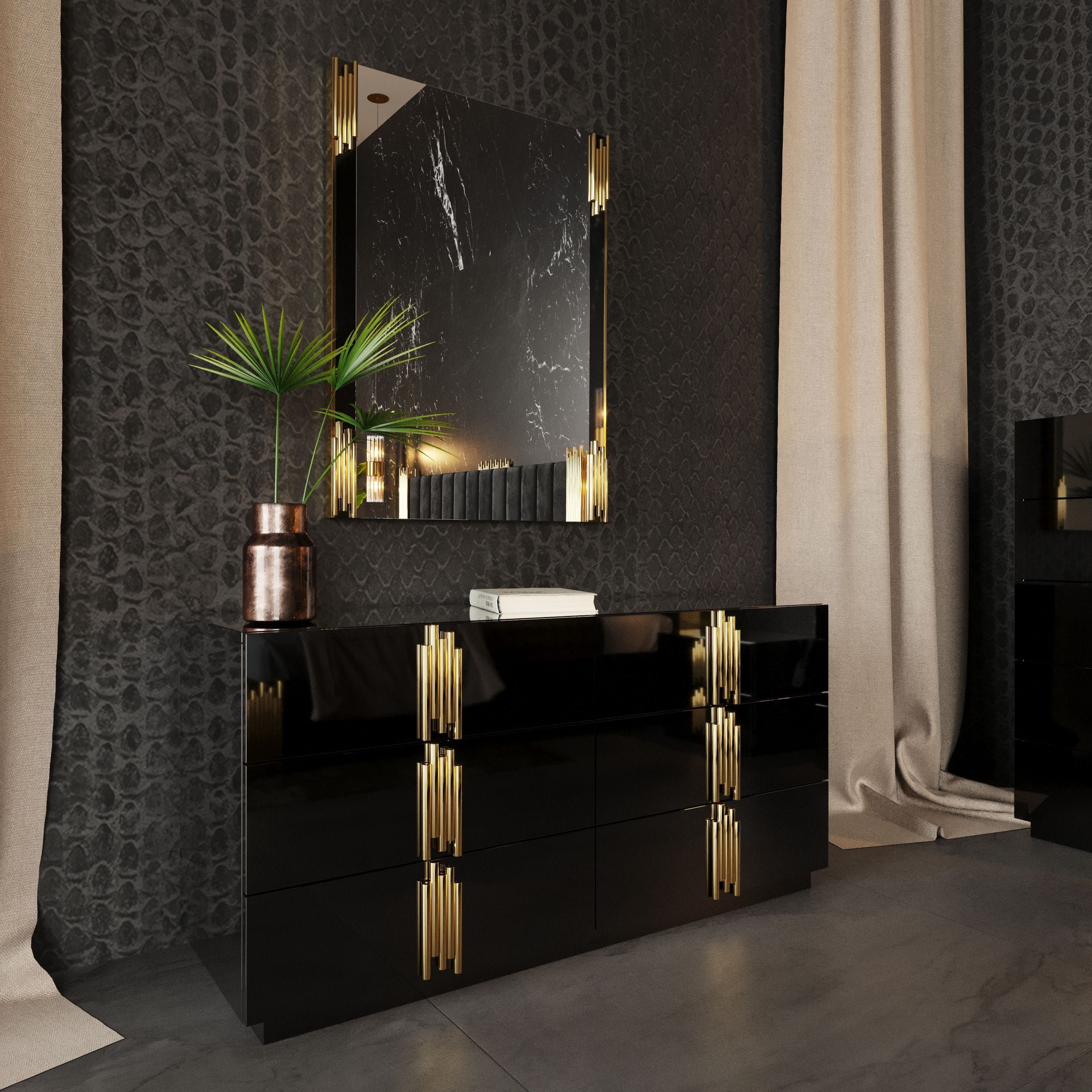 Illustrative example of black and gold dresser
