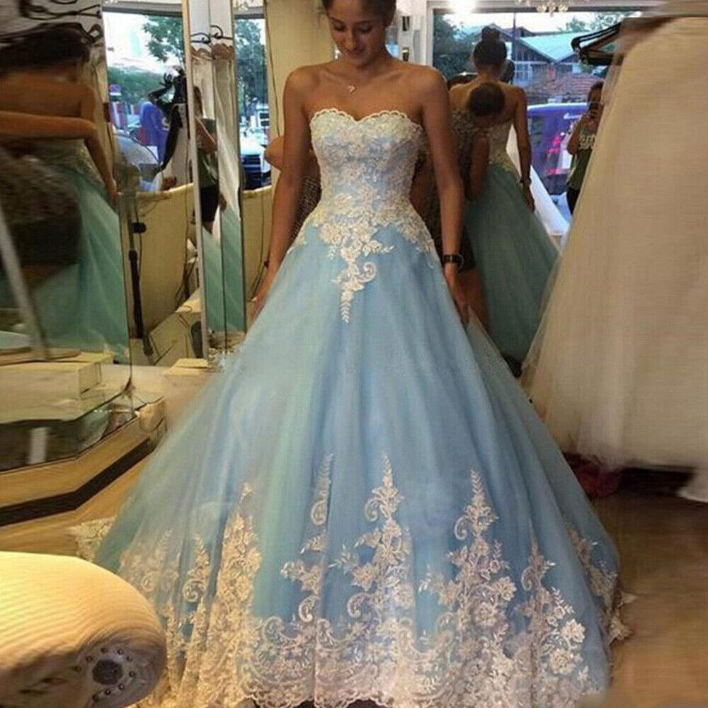 Illustrative example of blue and white wedding dress