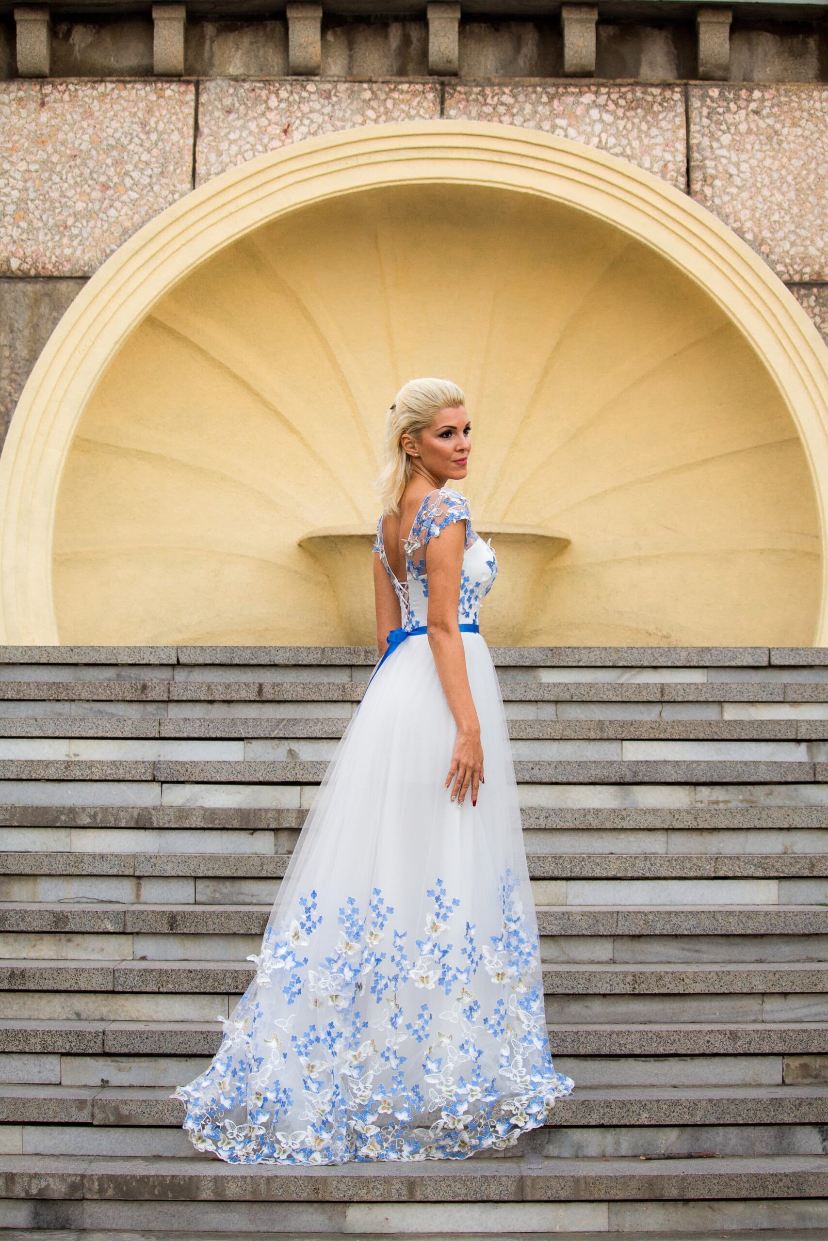 Illustrative example of blue and white wedding dress