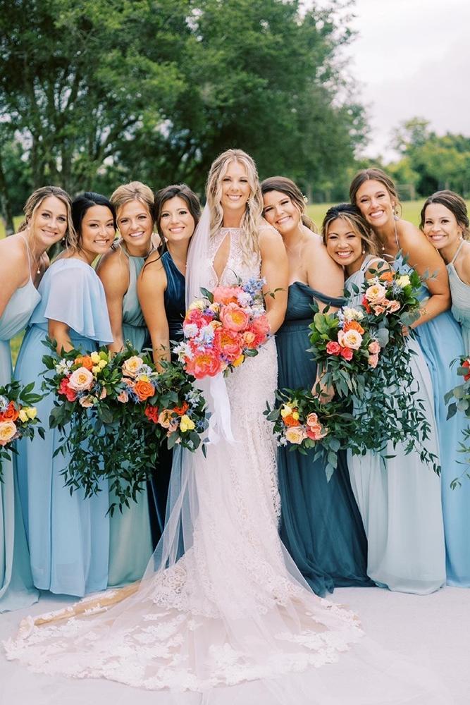 Illustrative example of blue bridesmaid dresses flowers