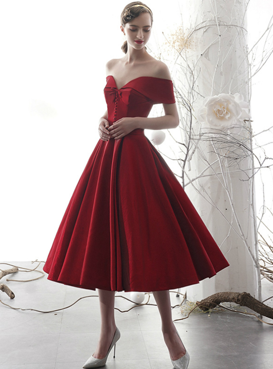 Illustrative example of burgundy off the shoulder dress