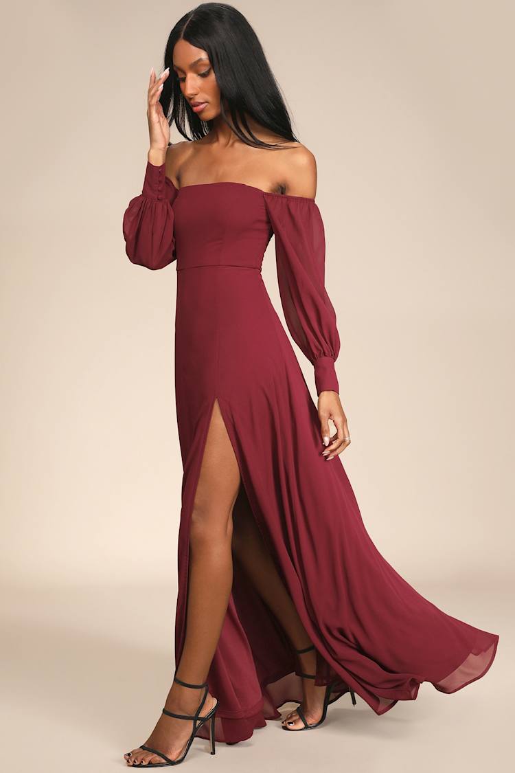 Illustrative example of burgundy off the shoulder dress