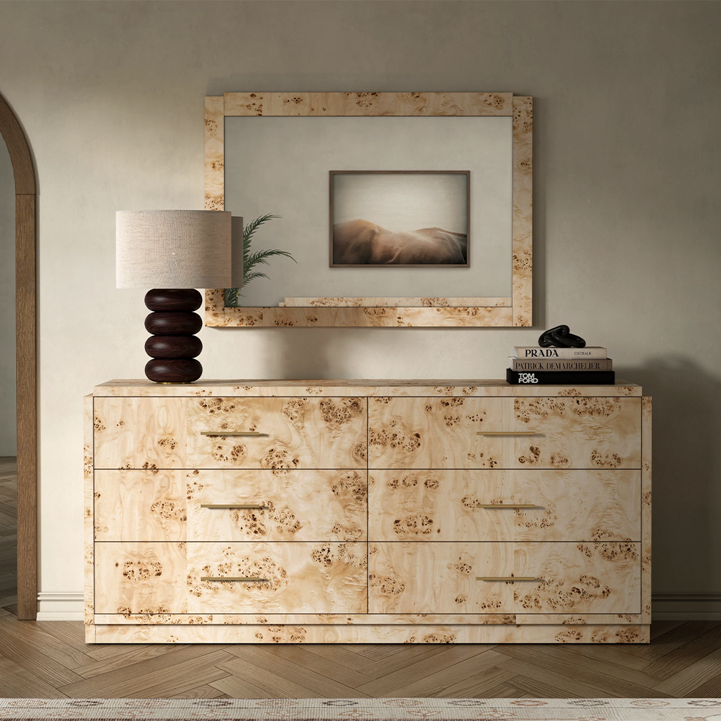 Illustrative example of burl wood dresser