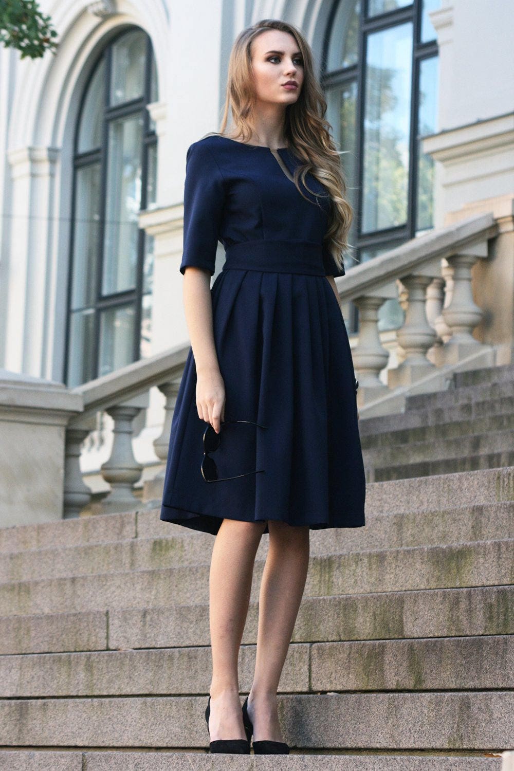 Illustrative example of formal navy blue dress