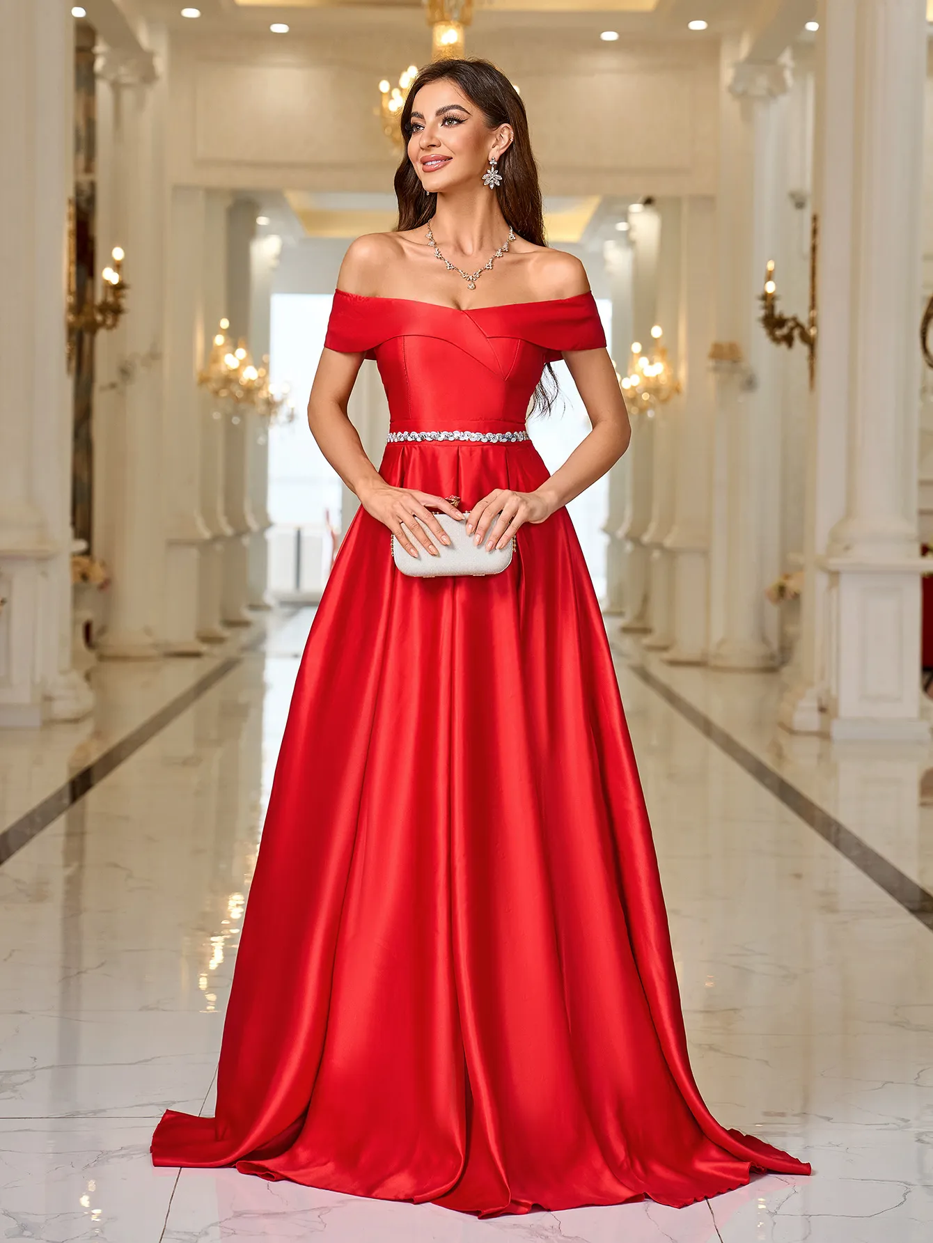 Illustrative example of formal women's red off the shoulder dress for date night