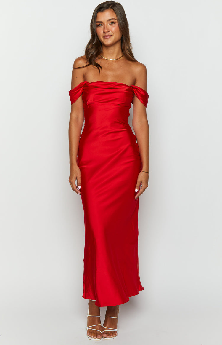 Illustrative example of formal women's red off the shoulder dress for date night