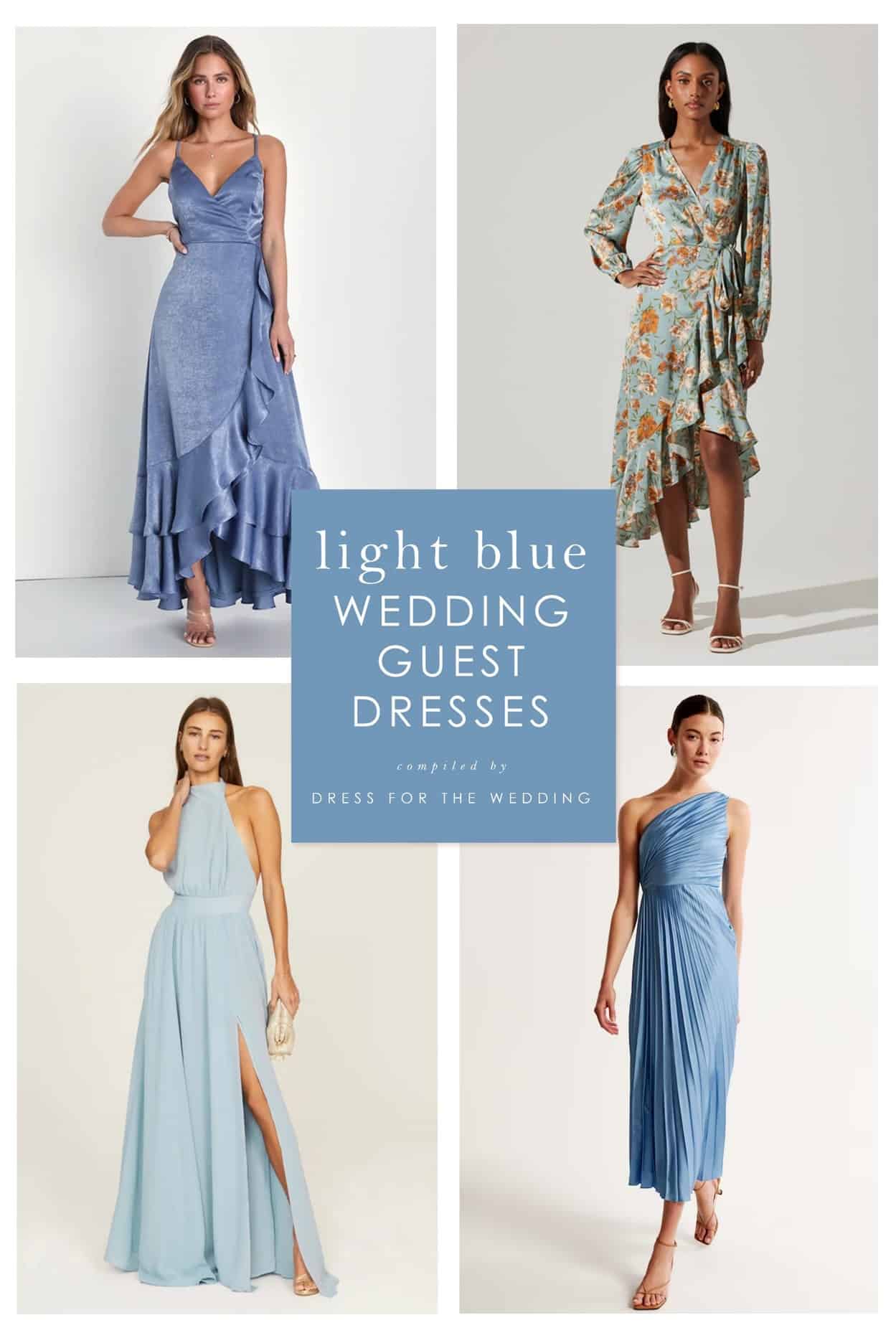 Illustrative example of light blue dress for wedding guest