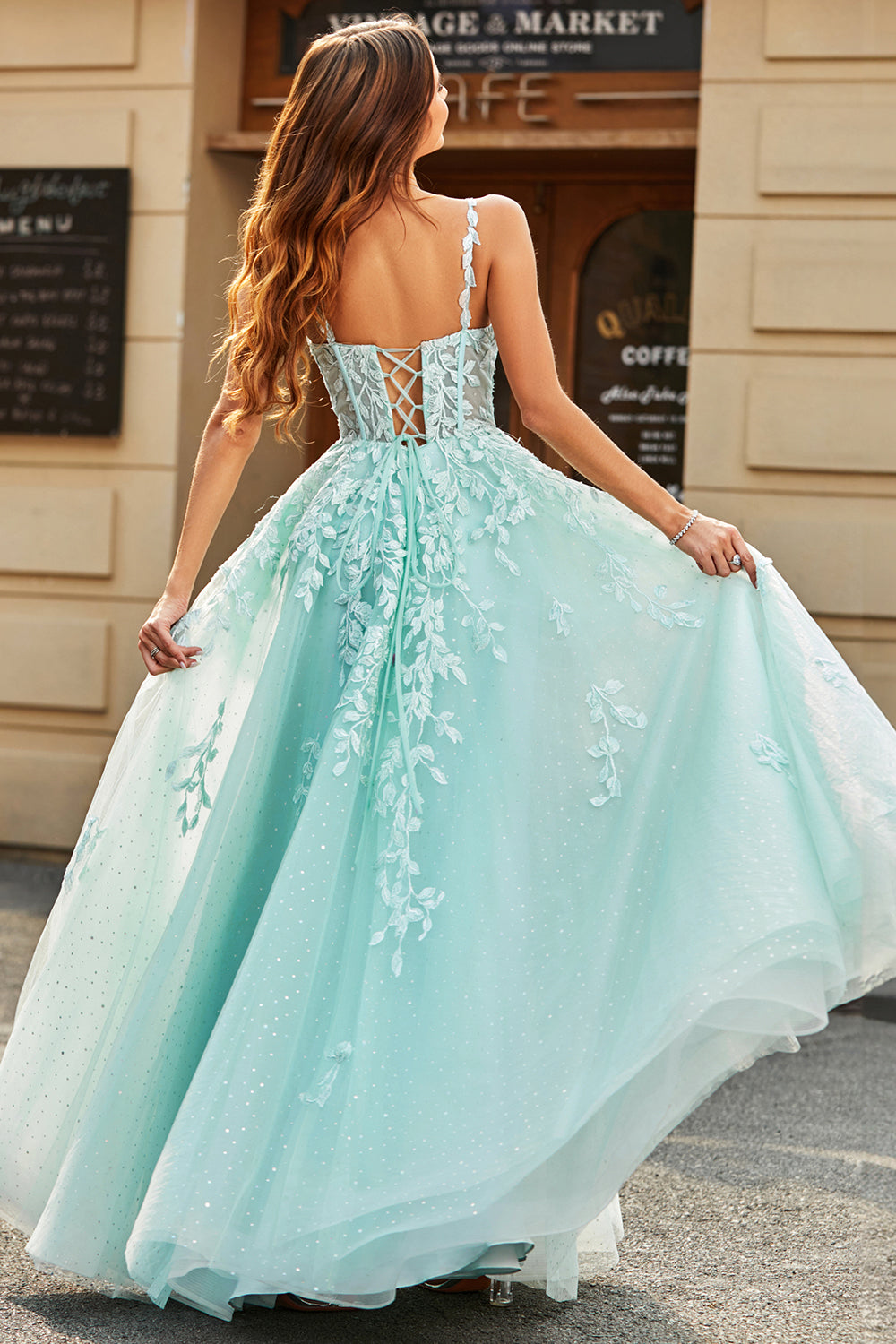 Illustrative example of light blue long dress
