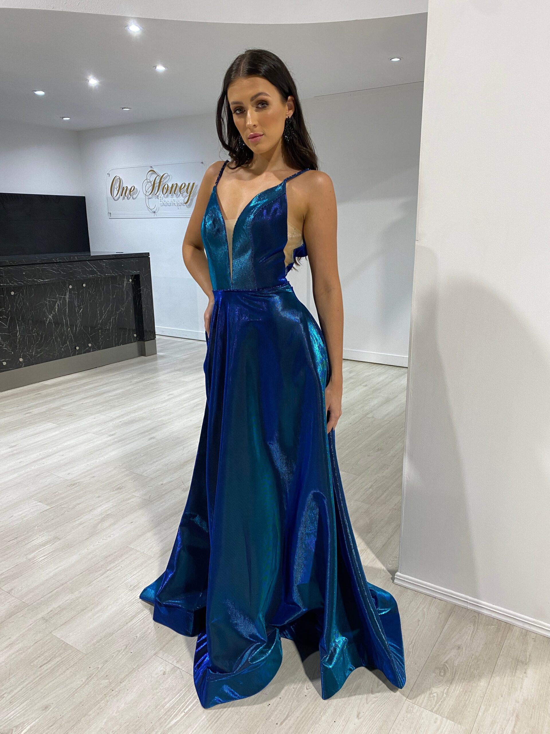Illustrative example of long dress blue colour
