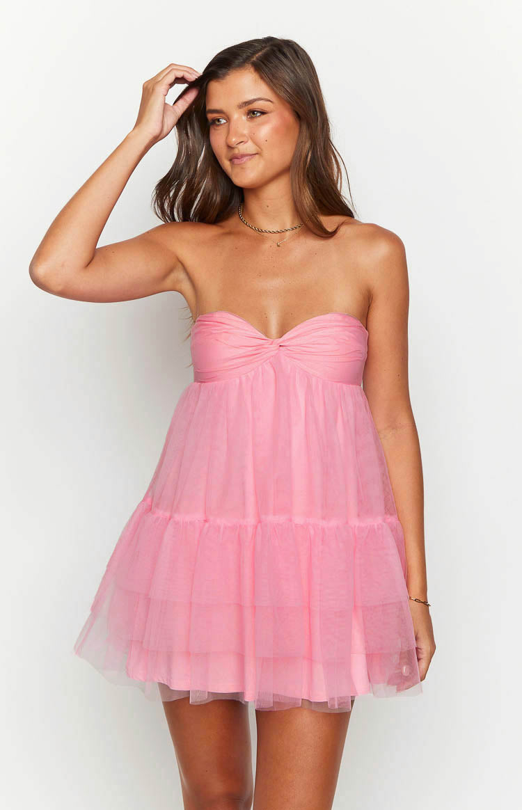 Illustrative example of mini women's light pink strapless dress for a valentine's day