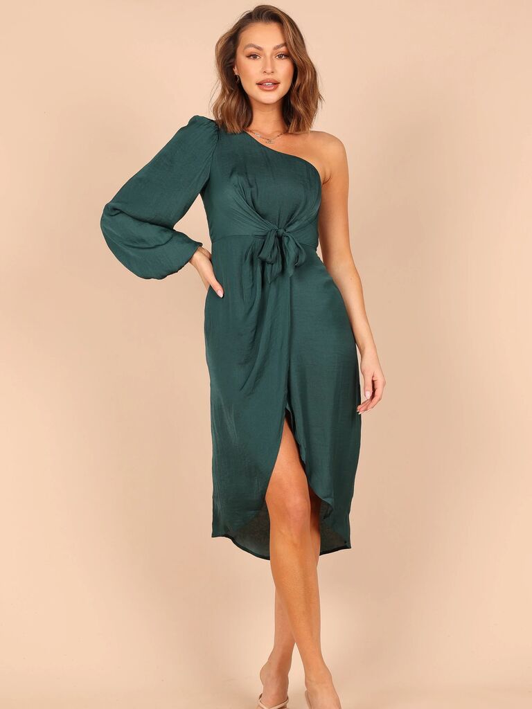 Illustrative example of one shoulder wedding guest dress
