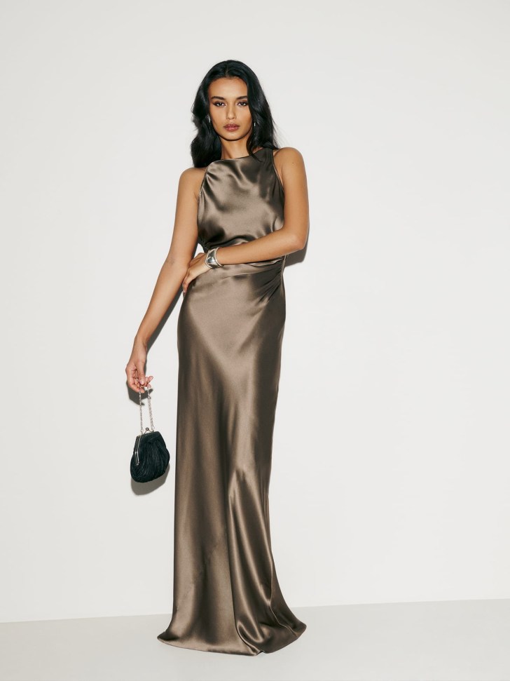 Illustrative example of satin wedding guest dress