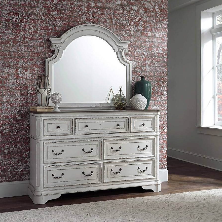Illustrative example of white dresser and mirror