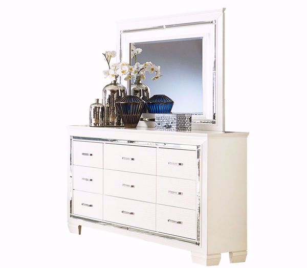 Illustrative example of white dresser and mirror
