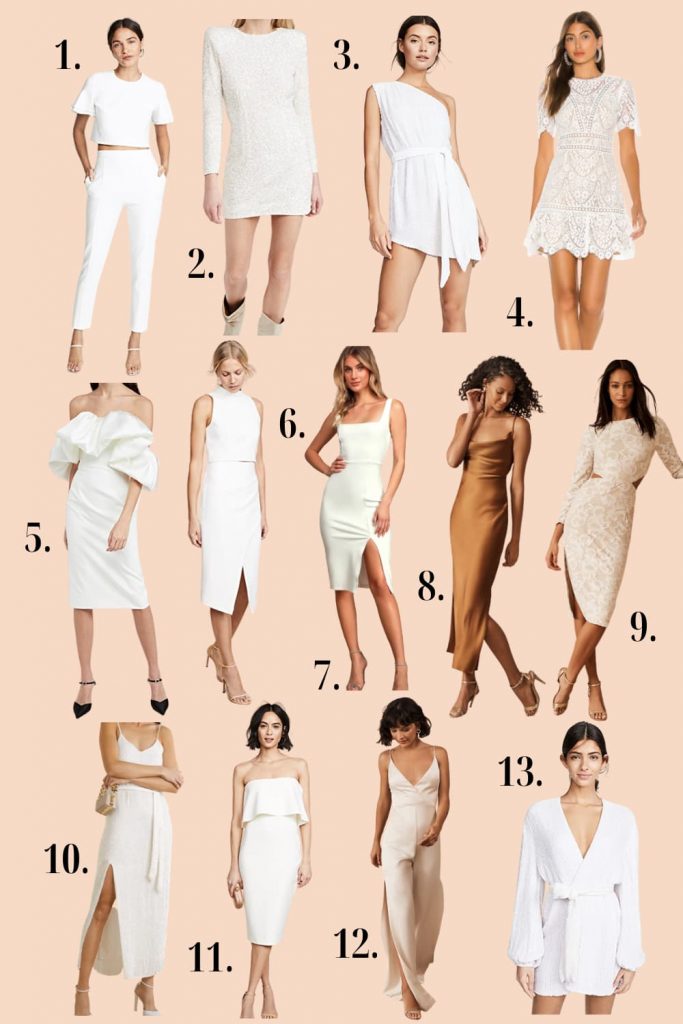 Illustrative example of white rehearsal dinner dress
