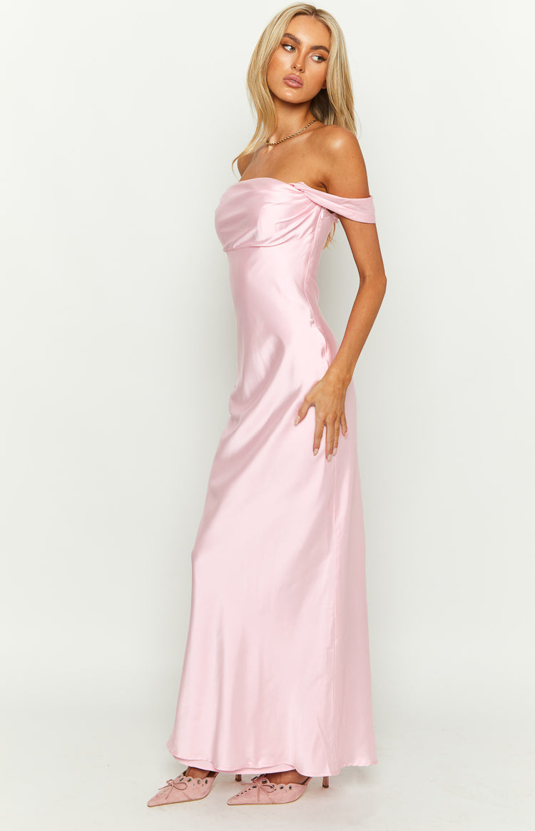 Illustrative example of women's light pink off shoulder dress for the summer