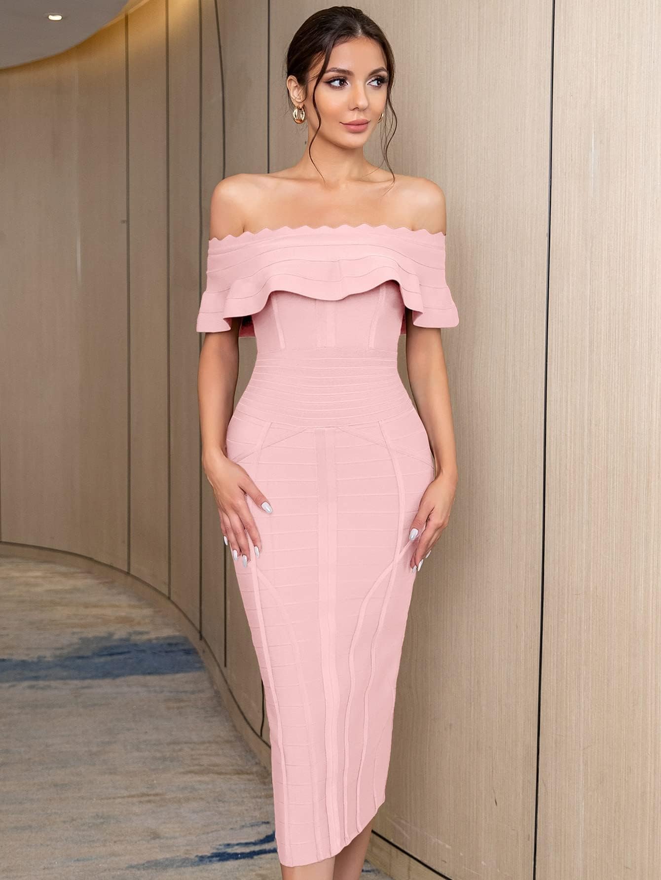 Illustrative example of women's light pink off the shoulder sexy dress