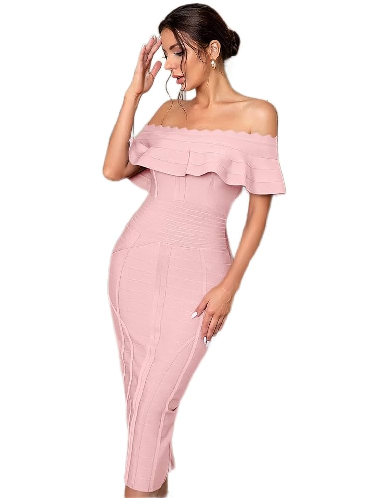 Illustrative example of women's light pink off the shoulder sexy dress