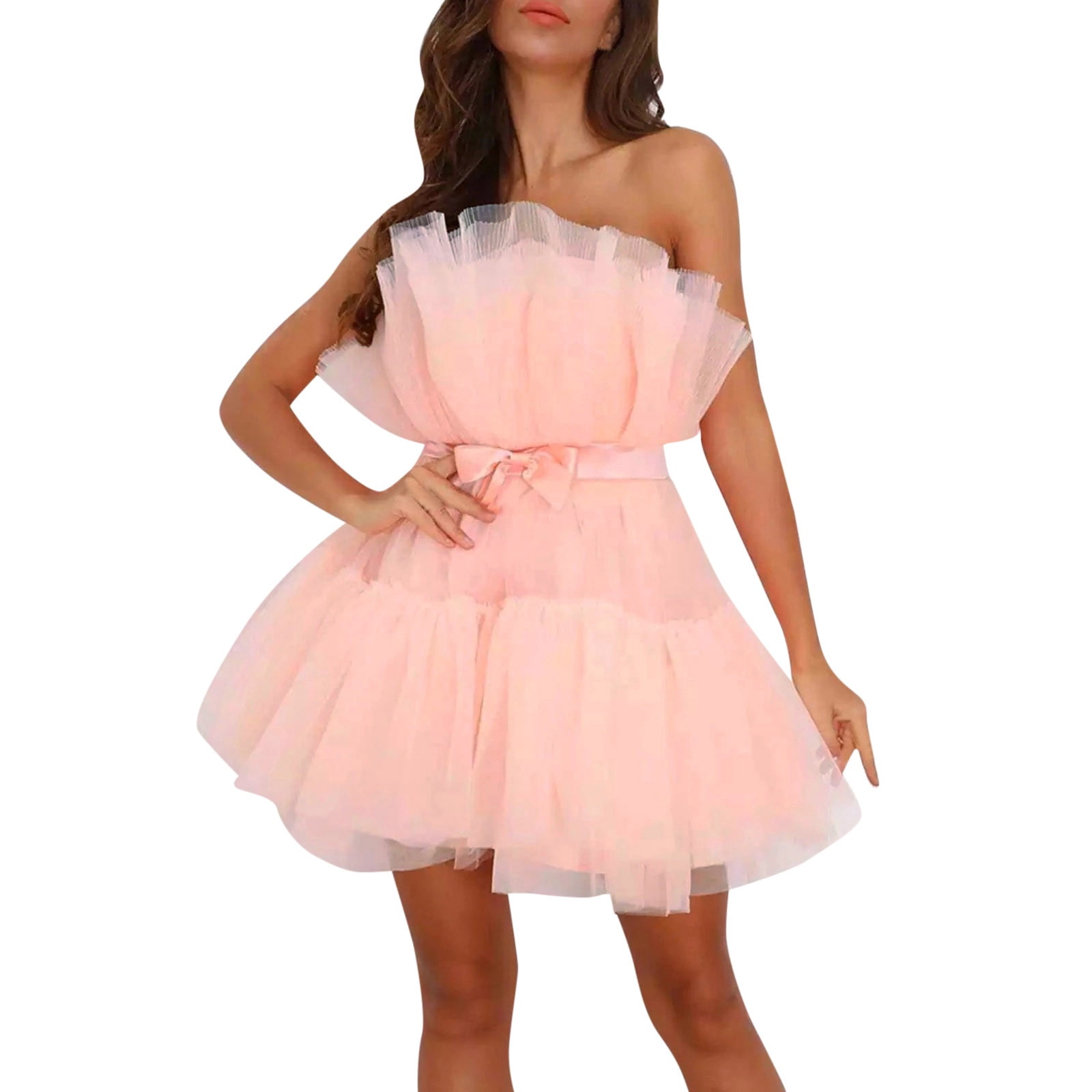 Illustrative example of women's light pink strapless dress for a birthday party