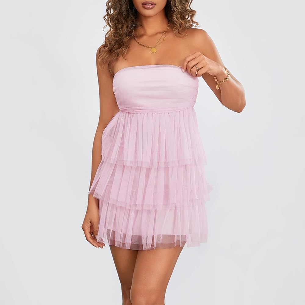 Illustrative example of women's light pink strapless off the shoulder dress