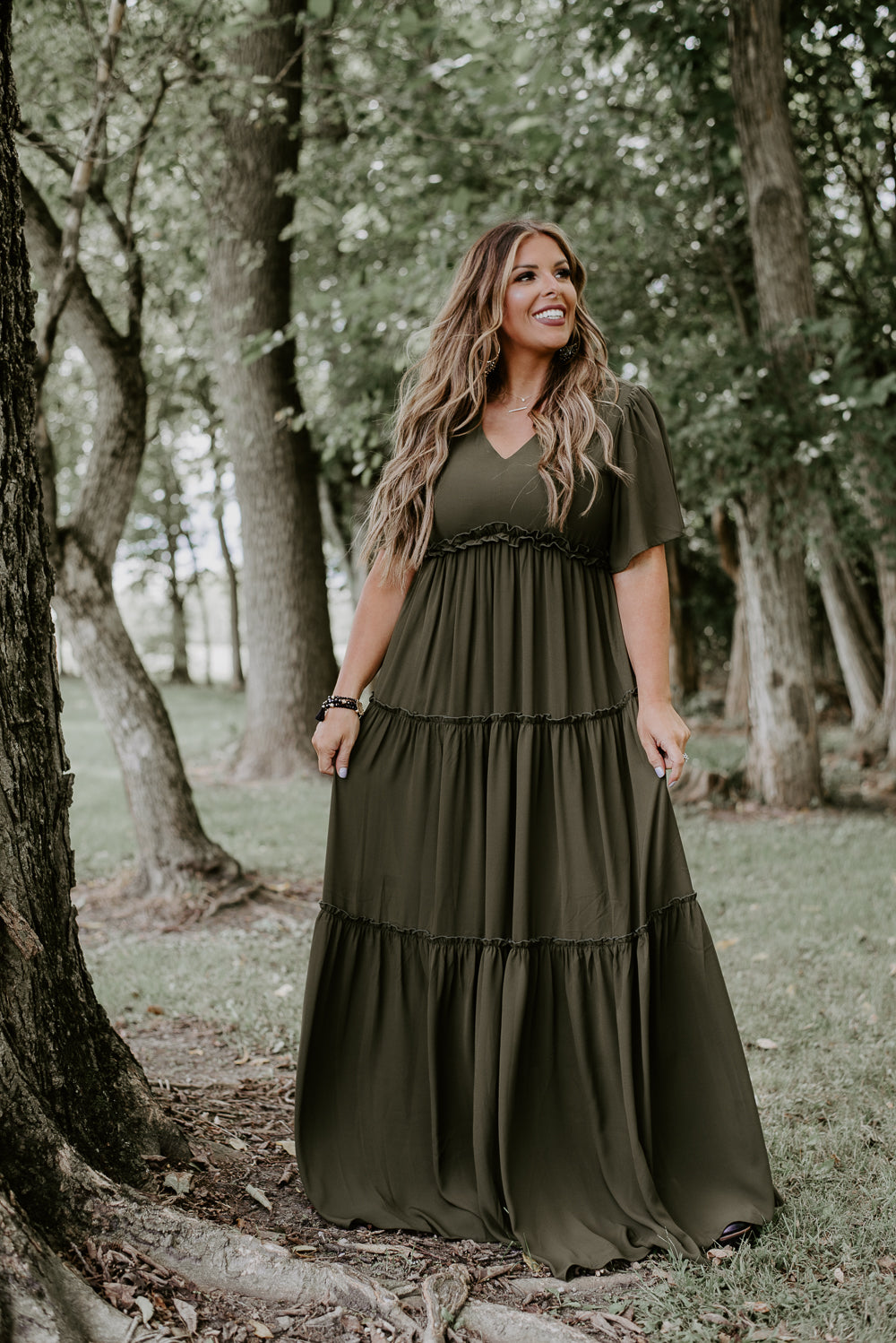 Illustrative example of olive green maxi dress from Google Search